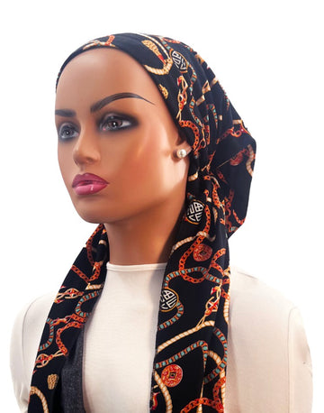 Ahead IT2681 Black Rust Mix Chains Israeli Style Long Tails Pre-Tied Bandanna Myselflingerie.com